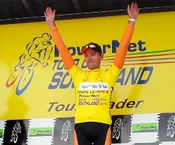 ..|_ Jeremy Yates in Yellow after Stage Five of the 2010 PowerNet Tour of Southland